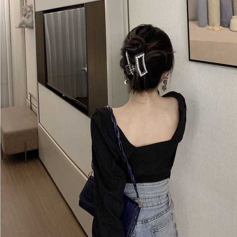 COZOK Áo Kiểu Tay Phồng Ngắn Cổ Vuông Hở Lưng Thắt Nơ Phong Cách Retro Quyến Rũ
