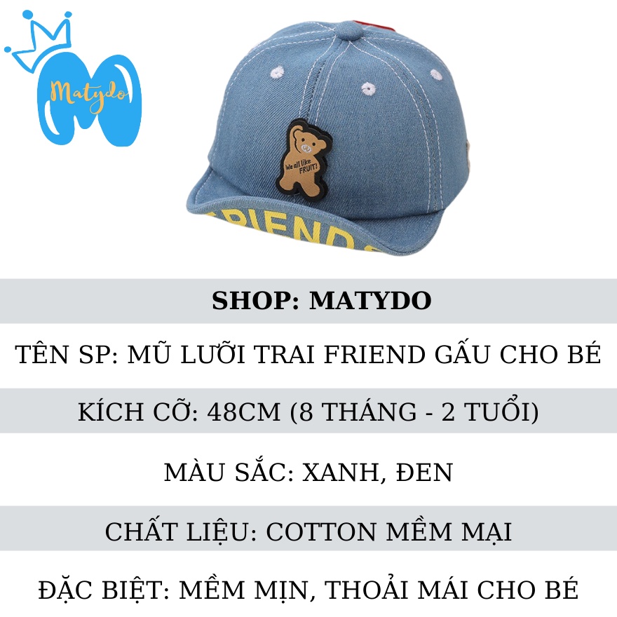 Mũ cho bé gái bé trai MATYDO nón lưỡi trai hình gấu FRIEND đáng yêu phụ kiện trẻ em mùa hè