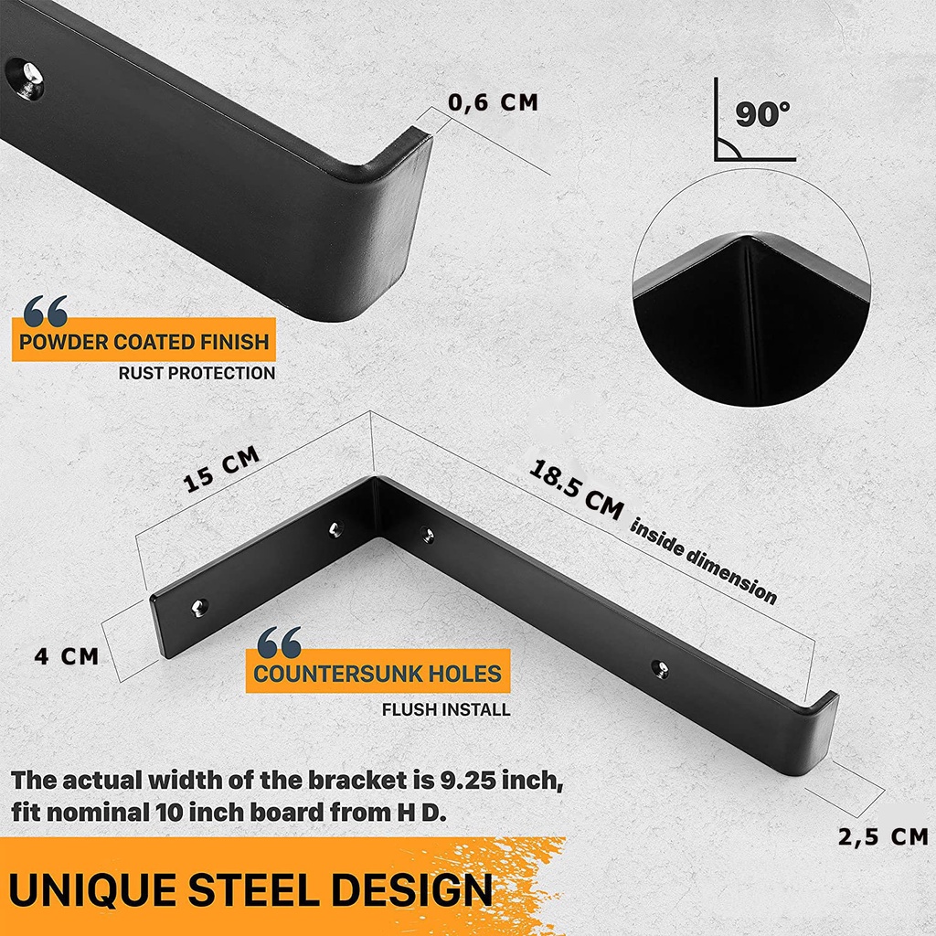 Bộ 2 giá đỡ chữ L, Pas L mặt trên 20cm , bằng thép phủ sơn tĩnh điện, kèm phụ kiện vít tắc kê