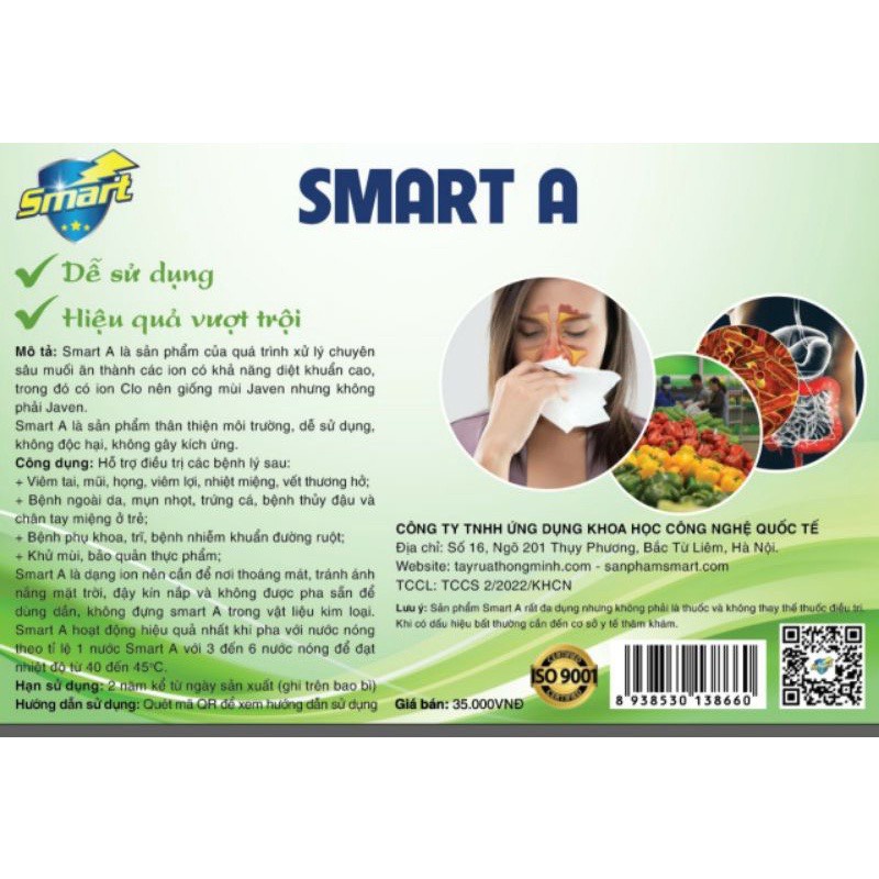 Dung dịch sát khuẩn Smart Anolyte ( Nước A ) chai 500ml khử khuẩn da, vệ sinh mũi họng an toàn từ thiên nhiên