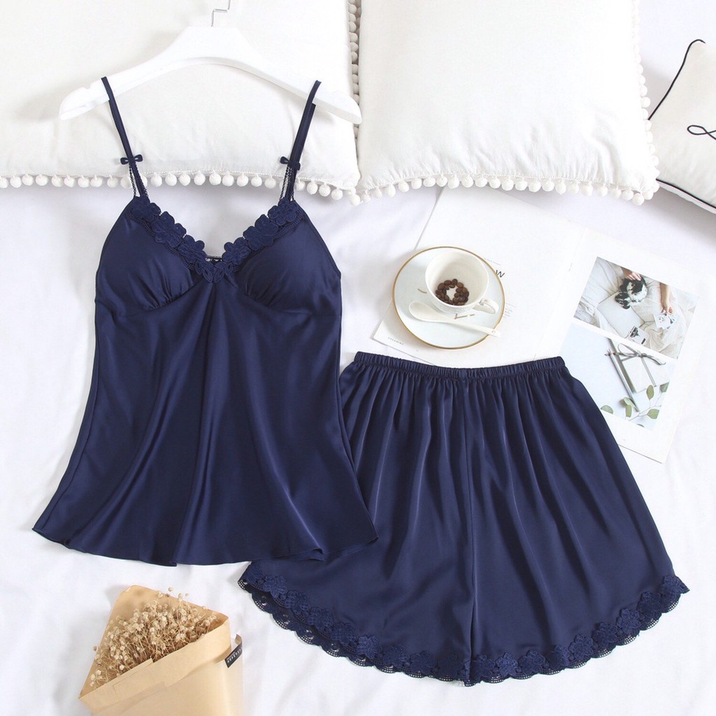 Đồ Bộ Ngủ Lụa Satin Cao Cấp Mặc Nhà Có Mút Ngực Đủ Size Dưới 85Kg AS-28