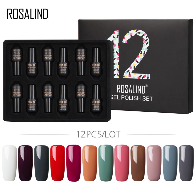 Set 12 sơn móng tay，ROSALIND7ml màu trơn dùng cho đèn UV LED gel