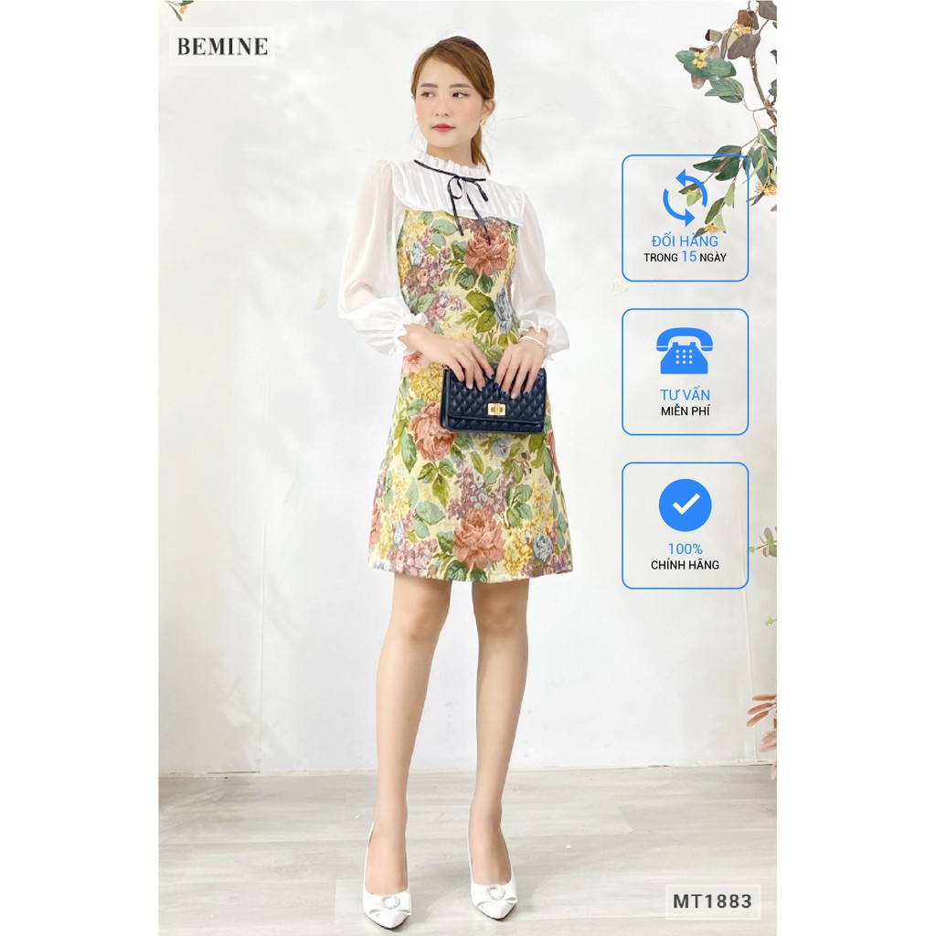 Đầm hoa phối bèo trắng tay dài BEMINE MT1883XANH