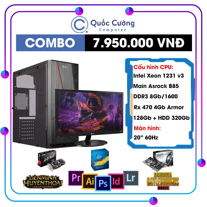 [COMBO PC + MÀN HÌNH] Xeon 1231 v3/Rx 470/RAM 8Gb/SSD 128Gb/HDD 320Gb