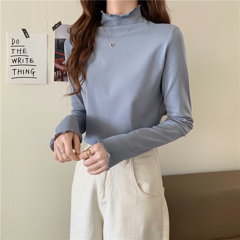 Áo Thun Tay Dài Cổ Cao Màu Sắc Đơn Giản Cho Nữ