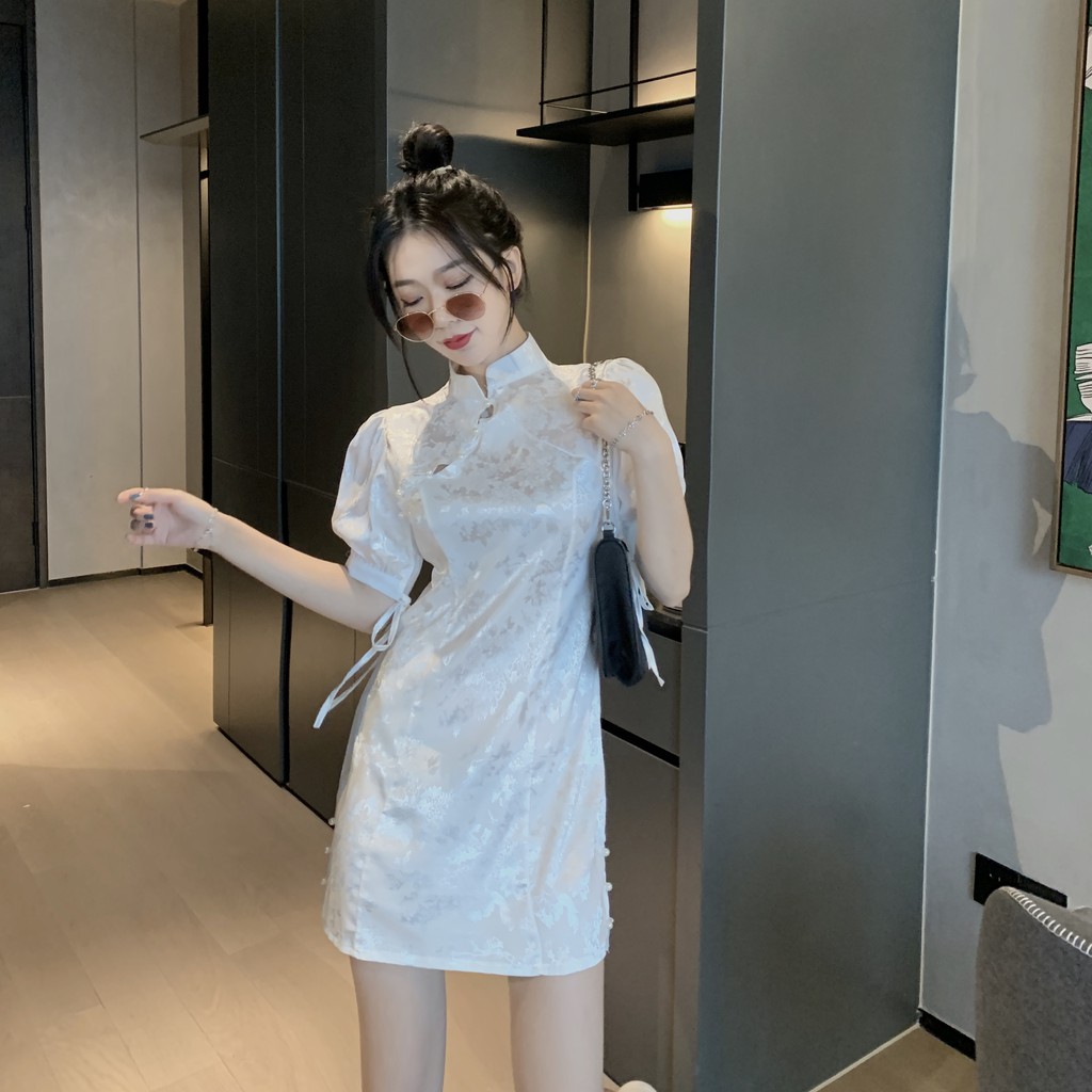 Đầm dáng ôm tay ngắn mini cổ tàu sườn xám Emilyshop