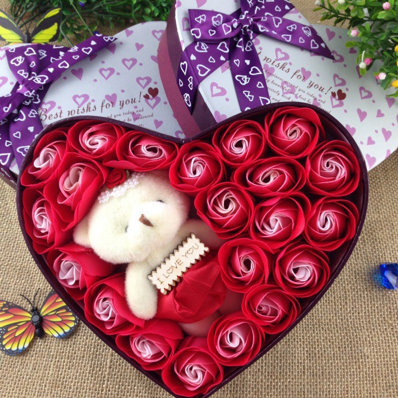 Quà tặng bạn gái 8/3 - Hộp Hoa Hồng Sáp Thơm Trái Tim 20 Bông + gấu - MÀU ĐỎ LÃNG MẠNG - tặng kèm 1 THỎI SON + THIỆP