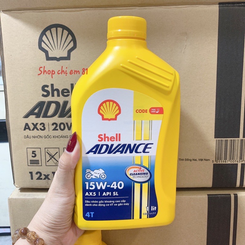 Nhớt Shell Advance 15w-40 AX5/ API SL dầu nhờn gốc khoáng cao cấp cho động cơ 4T xe gắn máy, an toàn cho người sử dụng