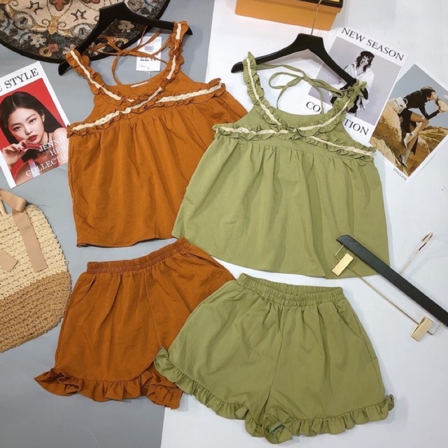 Set bộ đũi áo hai dây bèo viền ren trắng đan lưng mĩ quần sooc chân bèo siêu xinh l1