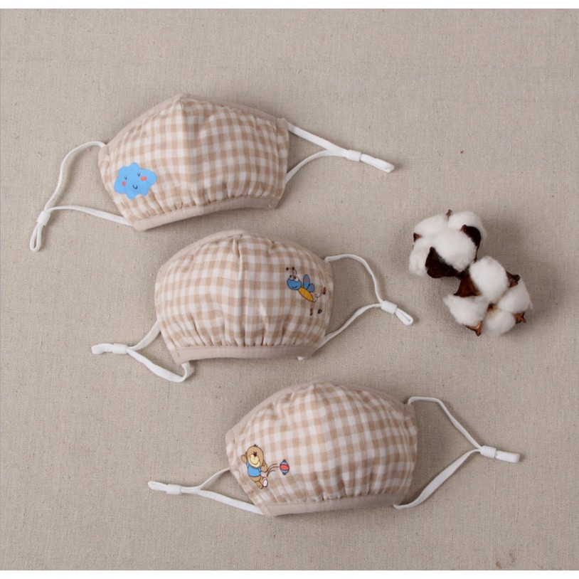 Khẩu trang vải cotton 3 lớp quai rút cho bé 0-3 tuổi