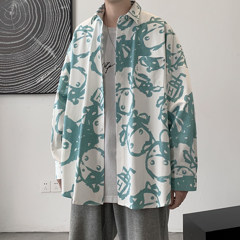 Áo sơ mi tay dài dáng rộng cài khuy kiểu Hồng Kông đường phố cá tính cho nam