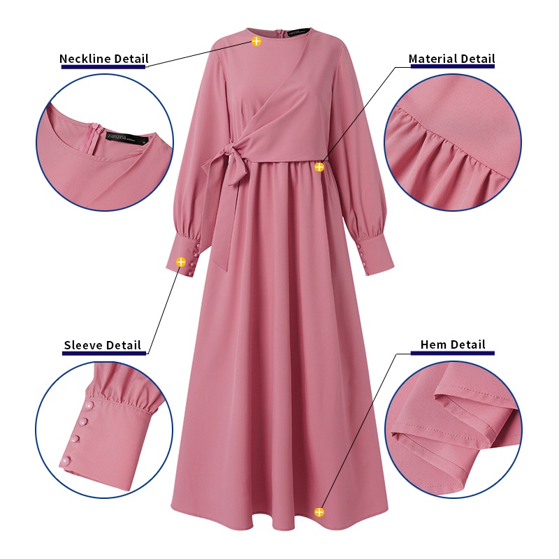 Zanzea Đầm Dài Màu Trơn Xếp Ly Cài Nút Thắt Lưng Tháo Được Thanh Lịch Cho Phụ Nữ Hồi Giáo