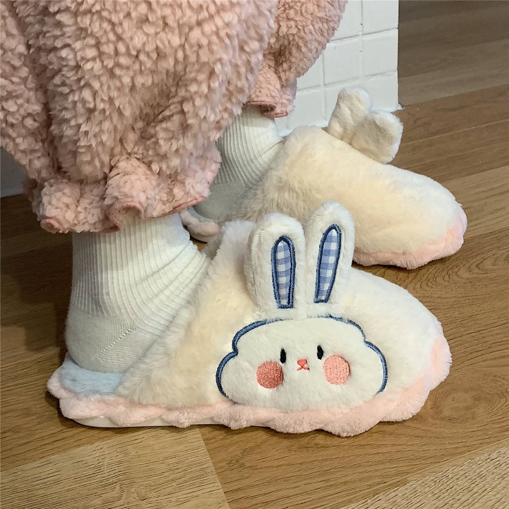 Dép bông thỏ trắng đi trong nhà hồng nam nữ có tai cute đế xốp chống trượt