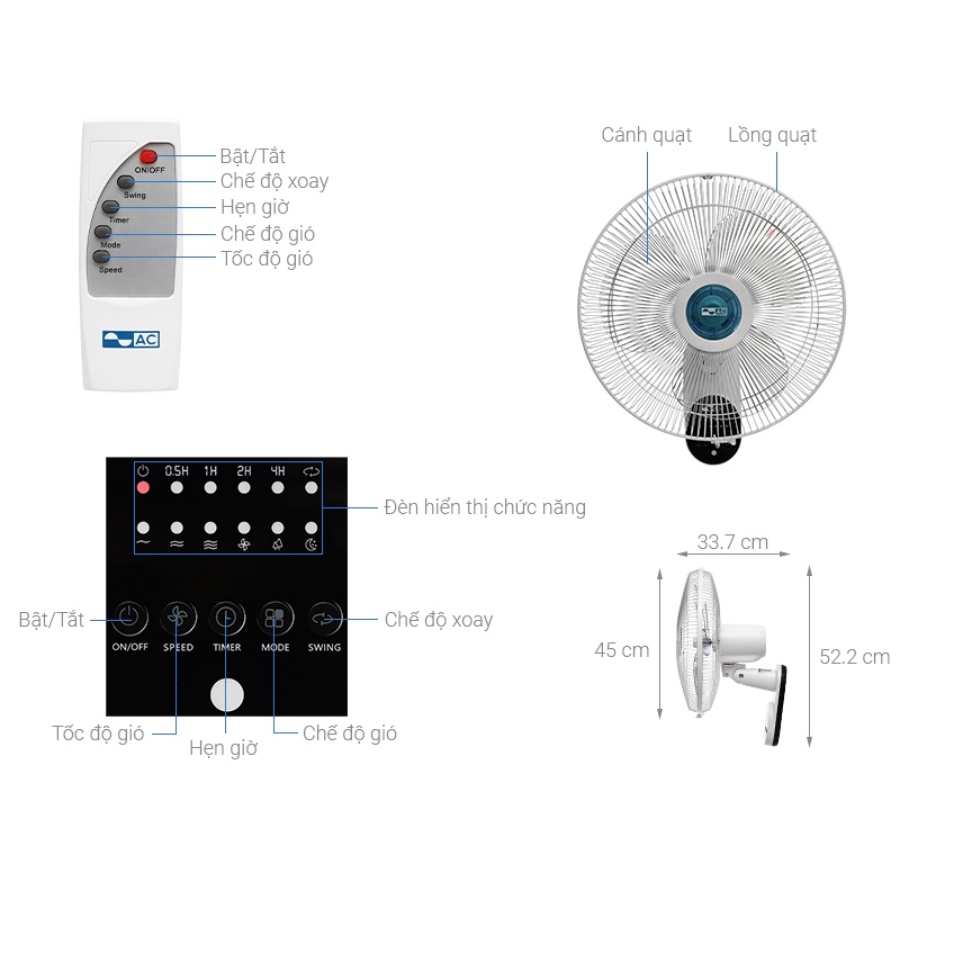 Quạt treo tường AC AWF02A163, Có Hẹn Giờ 7.5h, Remote, Bảo Hành Tận Nhà 24 Tháng