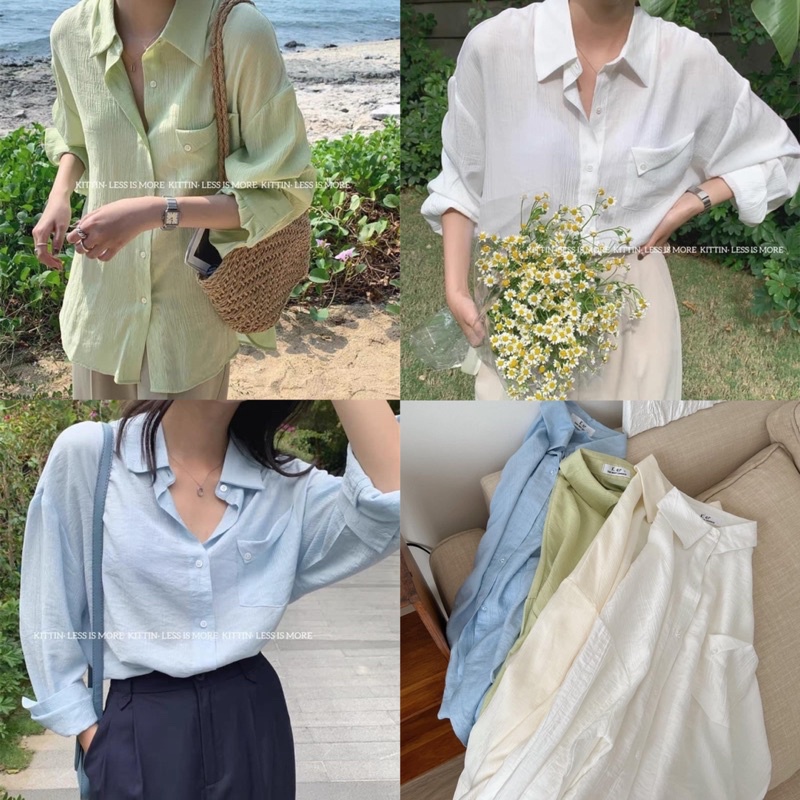 [Ảnh thật/Video]Áo sơ mi lụa đũi thiết kế nắp túi cách điệu siêu xinh