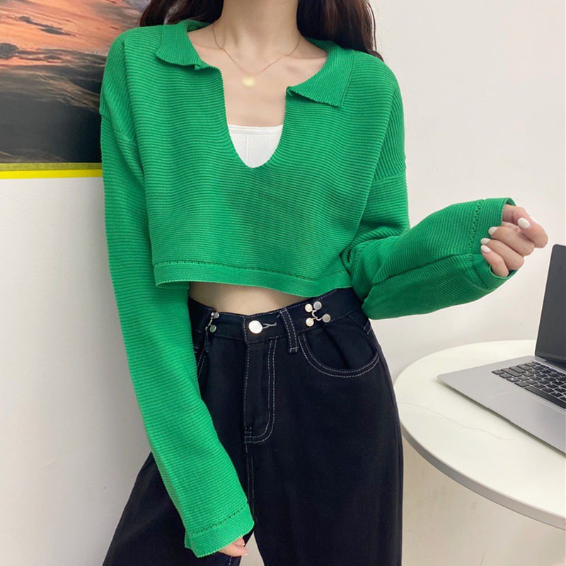 Áo Dệt Kim Tay Dài Cổ Bẻ Thiết Kế Dáng Rộng Thoải Mái