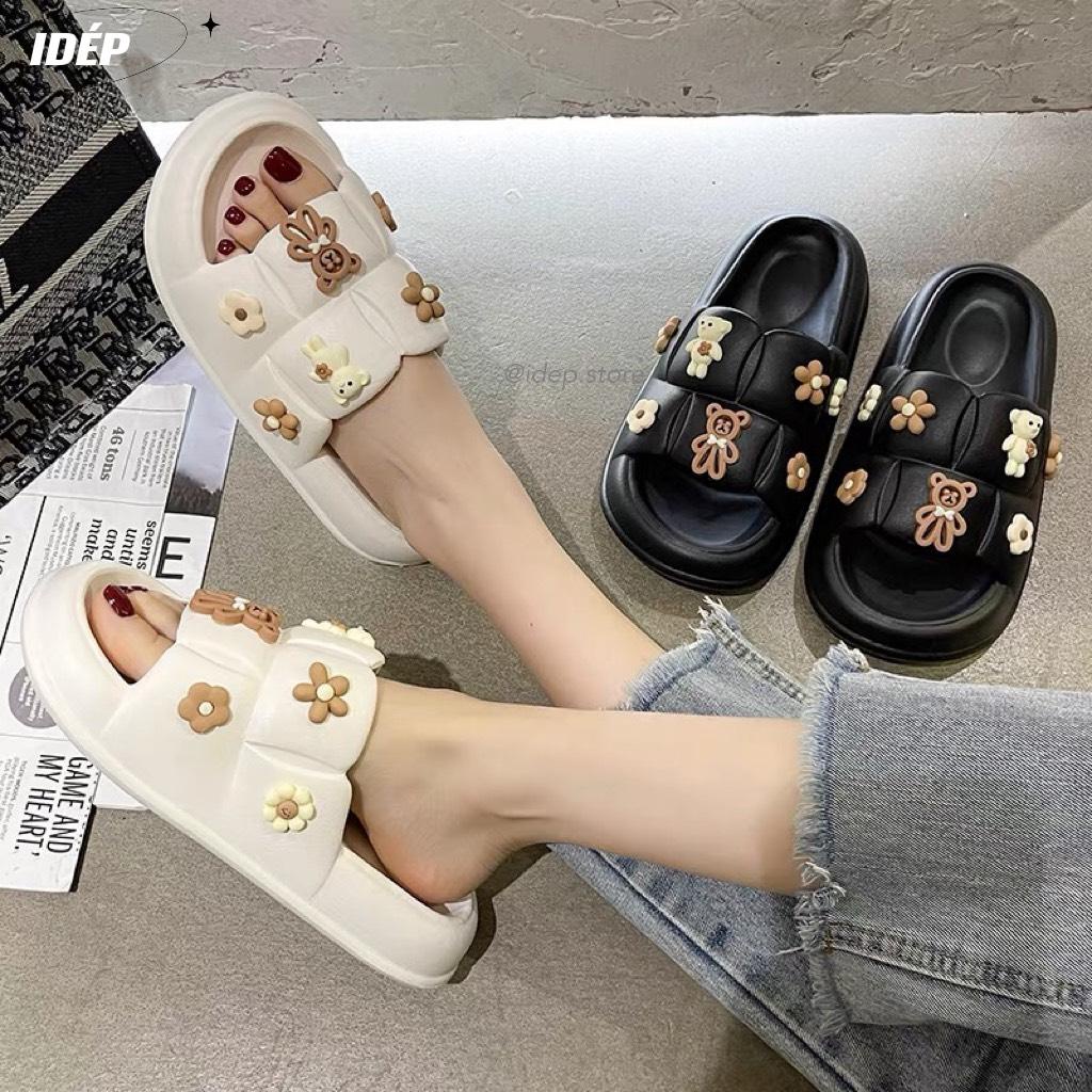 Dép bánh mì nữ sticker GẤU TEDDY quai ngang EVA siêu nhẹ đi trong nhà văn phòng iDÉP DL264
