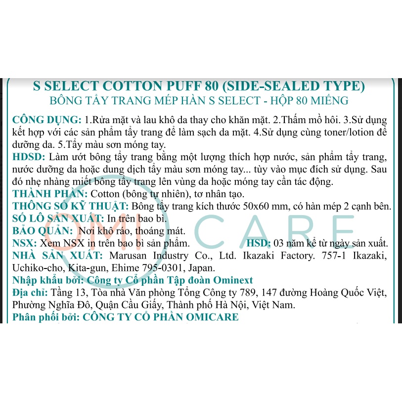 Bông tẩy trang Select Nhật Bản 80 miếng 50mm x 60mm