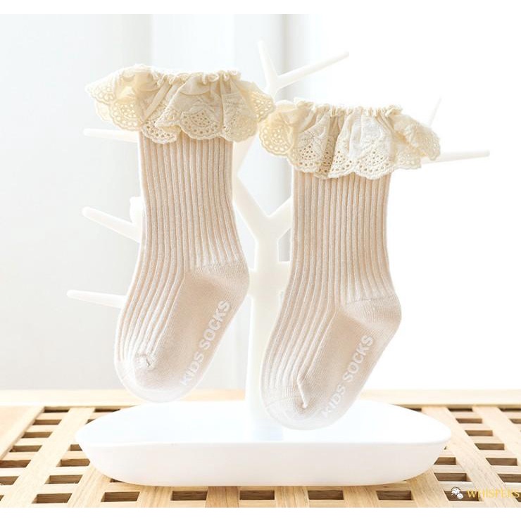 Vớ ống dài màu trơn phối ren chống trượt dành cho bé gái