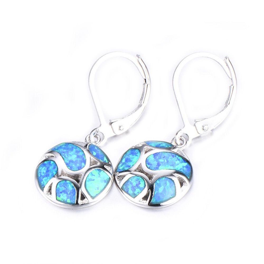 HS Khuyên Tai Tròn Đính Đá Opal Xanh Lam / Trắng Dễ Thương Cho Nữ