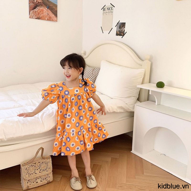 Đầm công chúa dáng rộng cổ vuông phong cách Hàn Quốc mùa hè cho bé gái