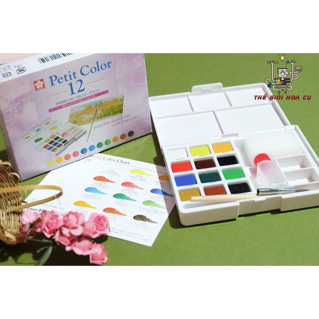 Combo màu Petit Color + Sổ Sketchbook Canson A5 + 2 Cọ nước Giorgione thân dài + Bút line + Bút trắng ( Tặng set Koi 12