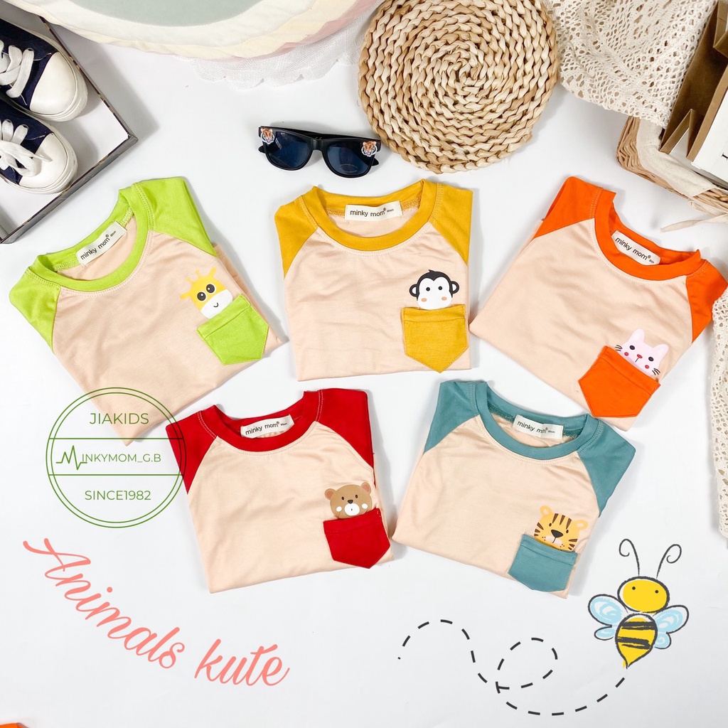 [SALE] Bộ Quần Áo Bé Gái, Bé Trai Minky Mom Vải Thun Lạnh Túi Ngực In Động Vật, Bộ Dài Tay Cho Bé Mặc Thu Đông MKMTD2163