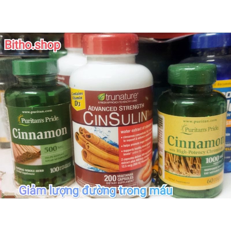 Viên hỗ trợ tiểu đường,  giảm lượng đường trong máu Cinnamon của Puritan's Pride, cinsulin với D3 của Trunature