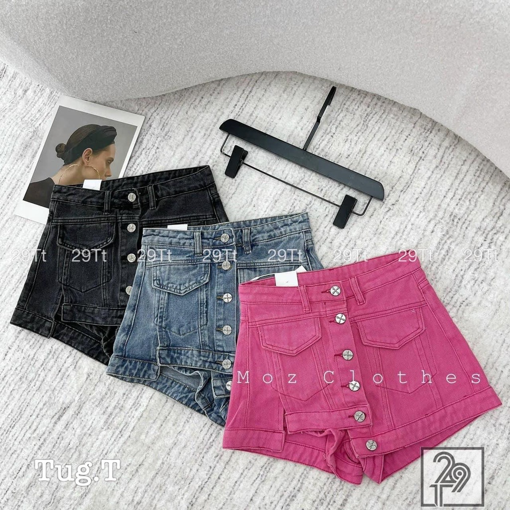 Chân váy bò nhiều khuy lệch nắp túi gân Quảng châu cao cấp A019