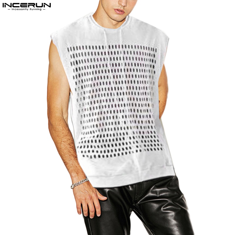 Áo tank top INCERUN không tay xuyên thấu khoét rỗng thiết kế dây rút thời trang cho nam