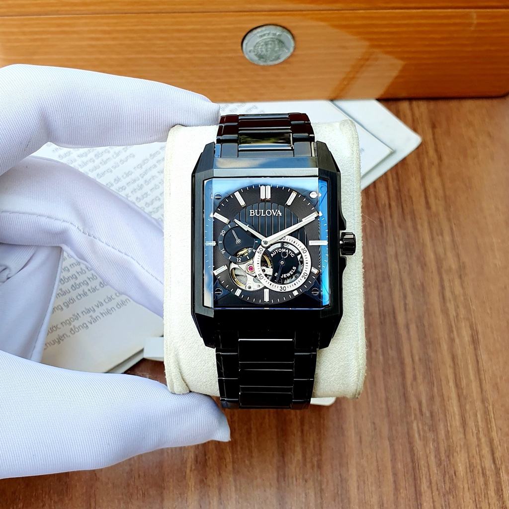 Đồng hồ nam dây thép Bulova Open Heart Automatic Black Dial 98A180