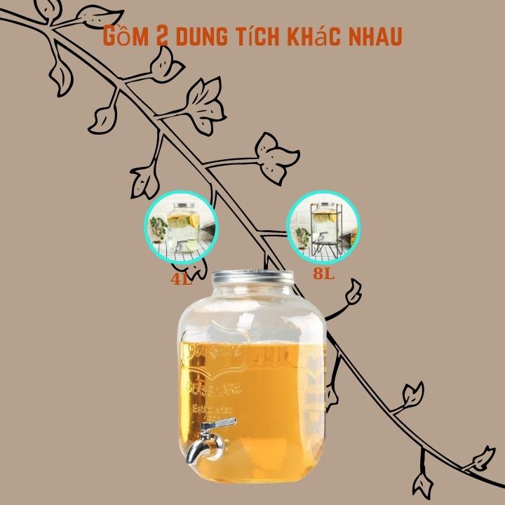 Bình nước thủy tinh VUÔNG 4L có vòi nắp vặn kín kệ sắt đựng nước nước ép detox bày bàn tủ kệ dễ vệ sinh [ RẺ VÔ ĐỊCH ]