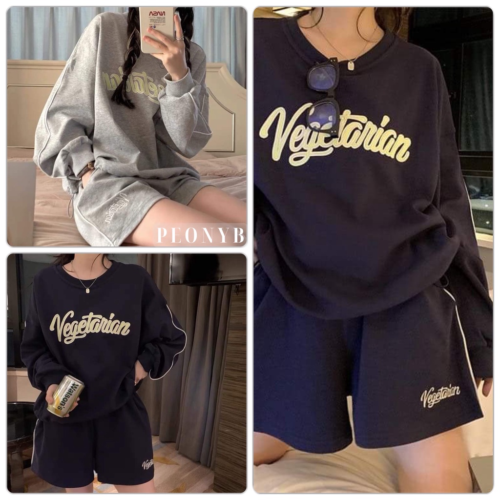 Bộ Dài Tay Kẻ 1 Sọc Vege PEONYB Unisex [FREESHIP]  Set đồ quần short đùi kèm thun sweater in hình vintage hàn quốc