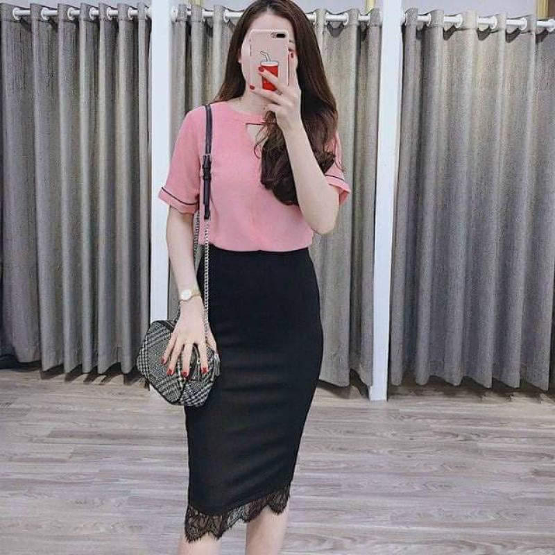 chân váy bút chì có phối ren vải umi co dãn 4 chiều cạp khóa lưng cao