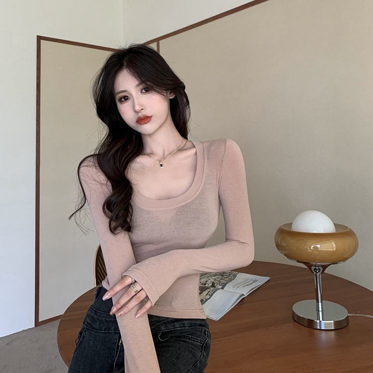 COZOK Áo Thun Tay Dài Cổ Chữ U Dáng Ôm Thời Trang Cho Nữ