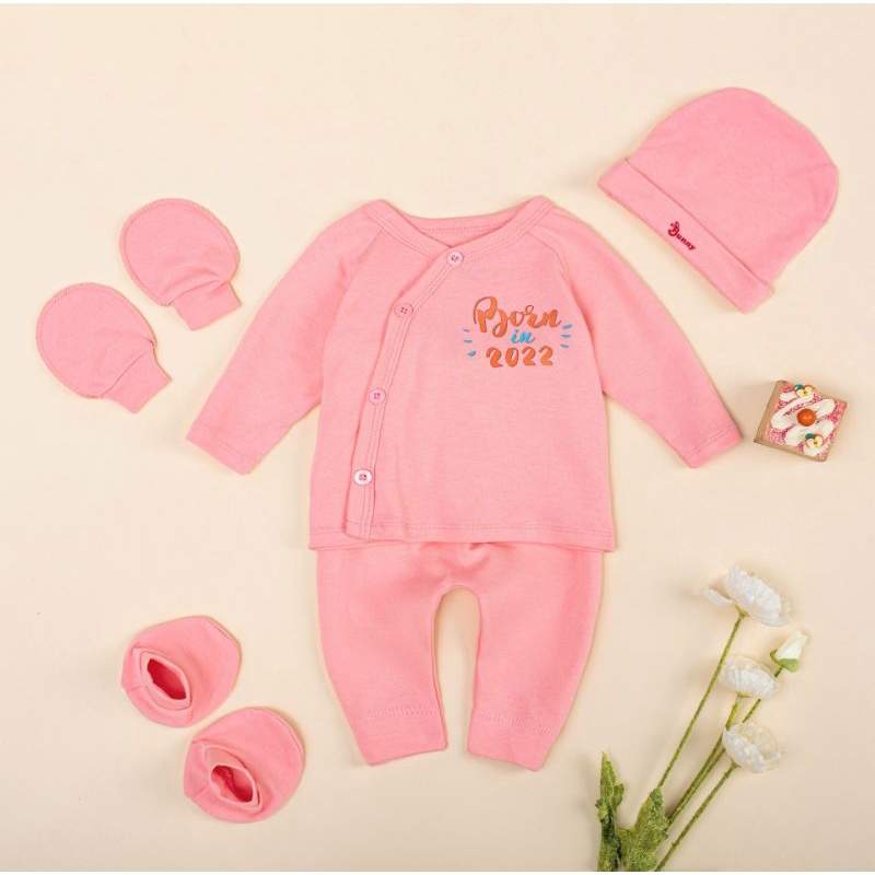 Bunnybaby - Bộ dài sơ sinh cúc chéo Bunny cotton hàn bao gồm nón vớ