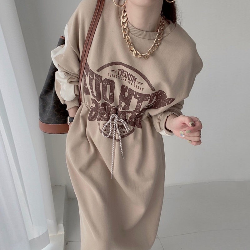Đầm hoodie tay dài in chữ phối màu tương phản thời trang thu đông cho nữ 2