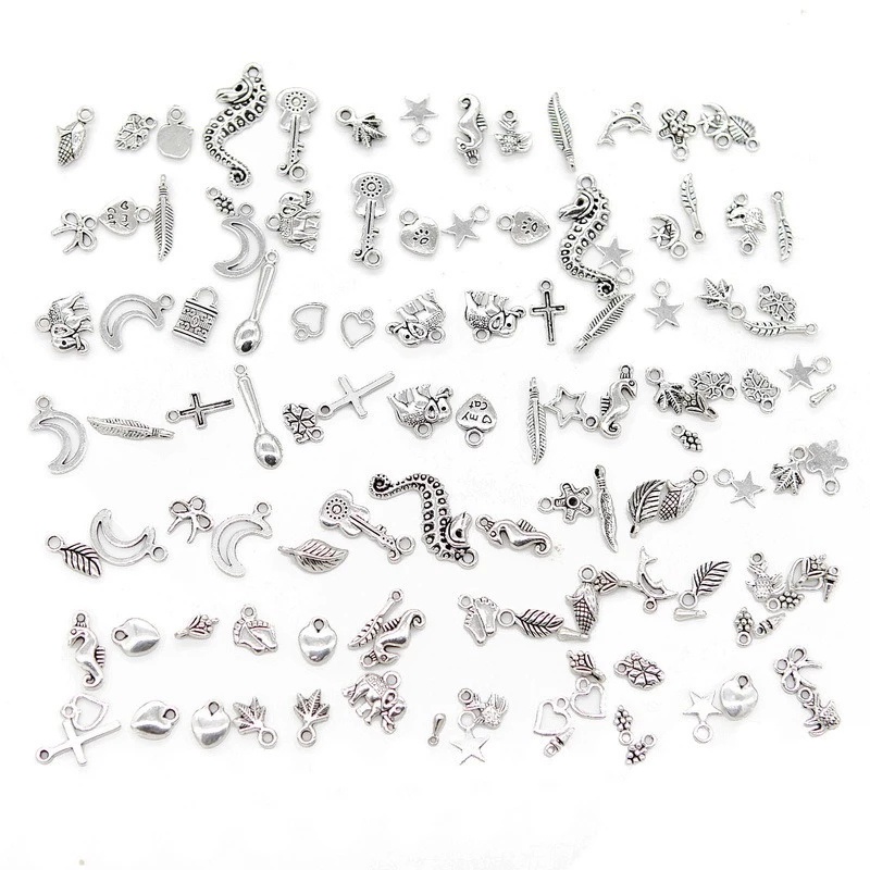 Set 100 mặt vòng cổ màu bạc phong cách cổ điển diy