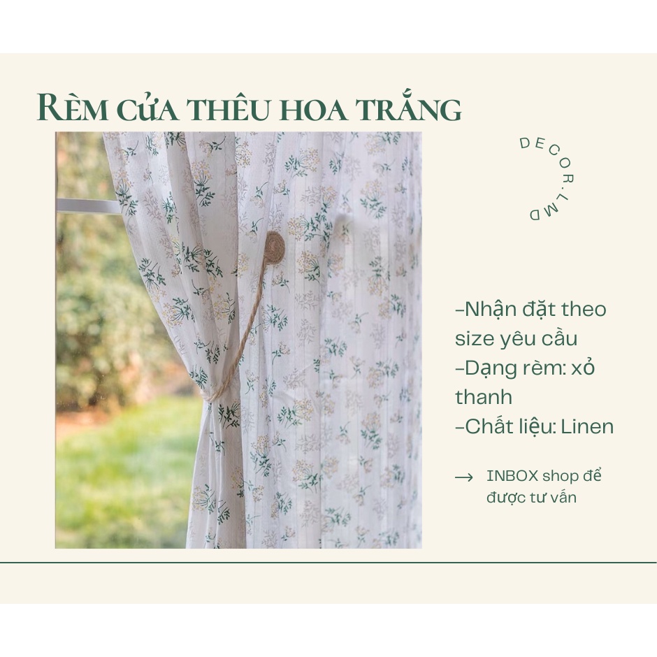 Rèm cửa, rèm che kệ bếp linen thêu hoa xanh lá thơ mộng chống nắng cao cấp, màn vải treo tường trang trí decor cửa