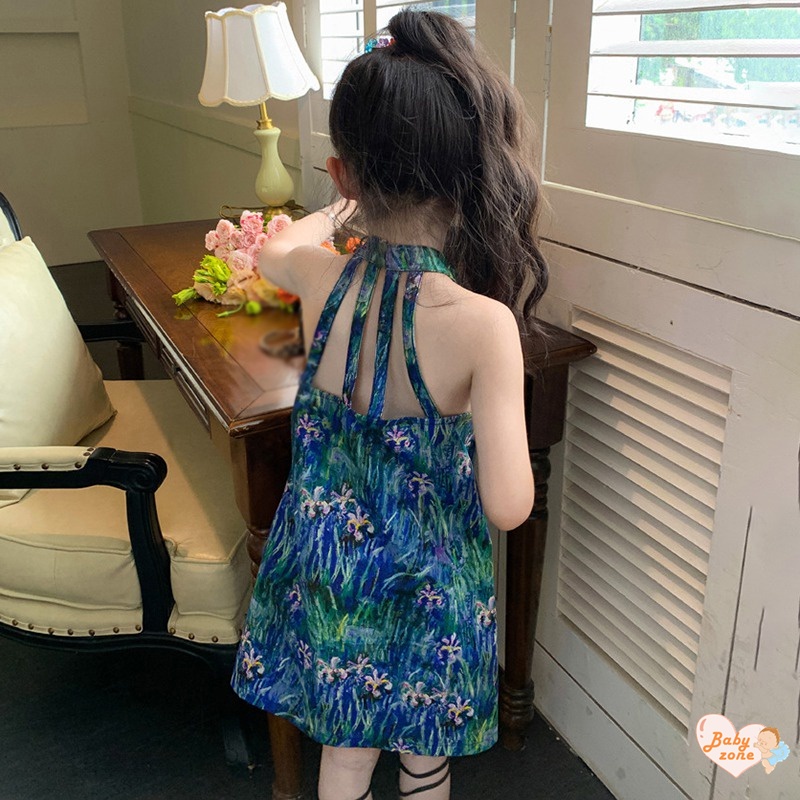 Đầm Công Chúa Hai Dây Eo Phồng In Họa Tiết Hoa Đính Nút Ngọc Trai Dễ Thương Thời Trang Mùa Hè Cho Bé Gái