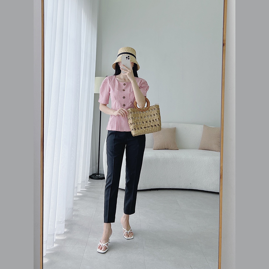 Áo kiểu nữ công sở thời trang Eden thiết kế cổ tròn xếp li eo chất liệu caro xốp Hàn Quốc không nhăn - ASM176