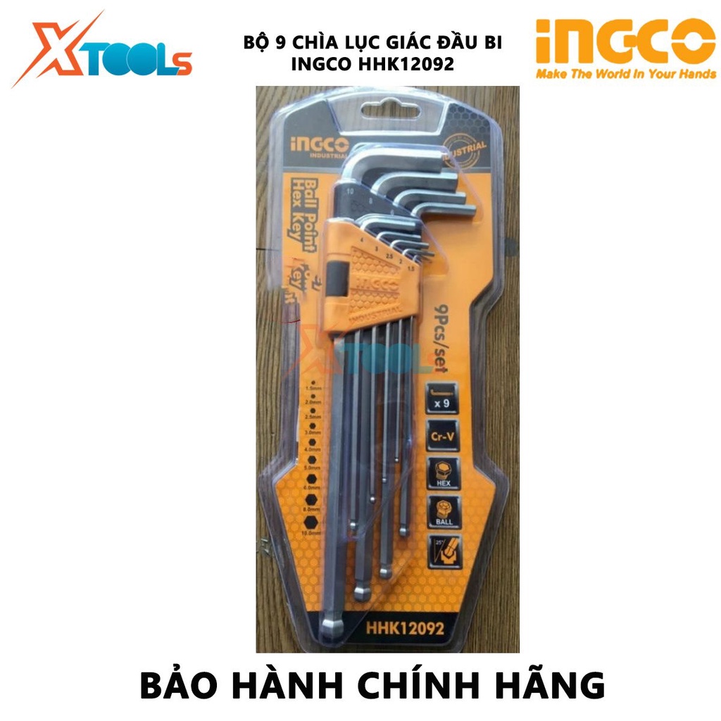 Bộ lục giác bi dài 9 chi tiết INGCO HHK12092 Bộ 9 chìa lục giác đầu tròn Chất liệu Thép CrV Quy cách 1.5, 2, 2.5, 3, 4,
