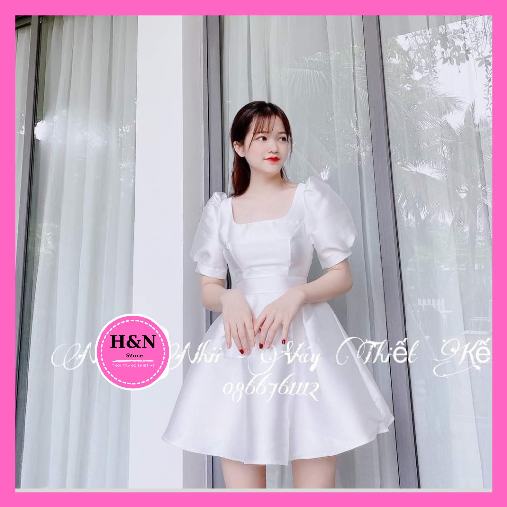 Váy xòe ngắn thiết kế cao cấp cổ vuông tay bồng 3 màu xinh xắn - HN Clothing