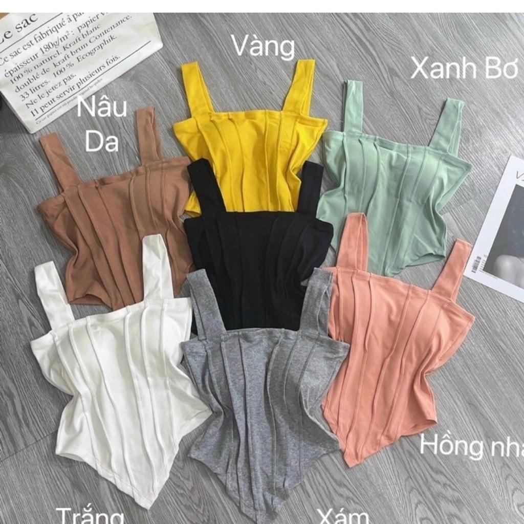 Áo hai dây bản to chạy viền dọc có sẳn mút ngực Xquin, Áo croptop 2 dây ôm body vạt nhọn siêu hack dáng
