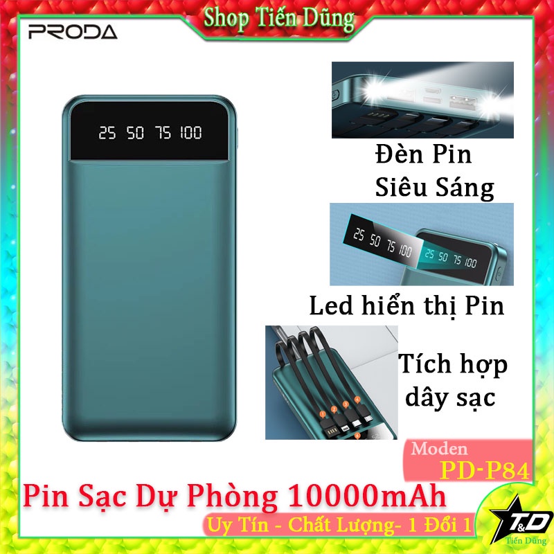 Pin Sạc Dự Phòng Proda PD P84 Dòng 10000mAh Kiêm Dây Sạc Có 4 Loại Chân USB, Micro, Type-C, Lightning Có Đèn Pin Màn Led