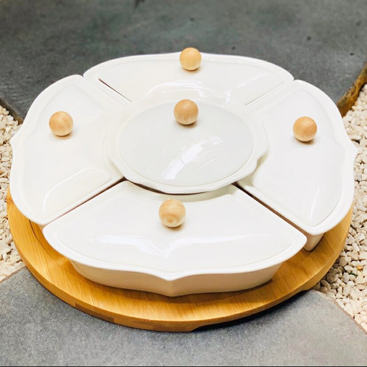 Khay mứt bánh kẹo mứt 5 ngăn bằng sứ