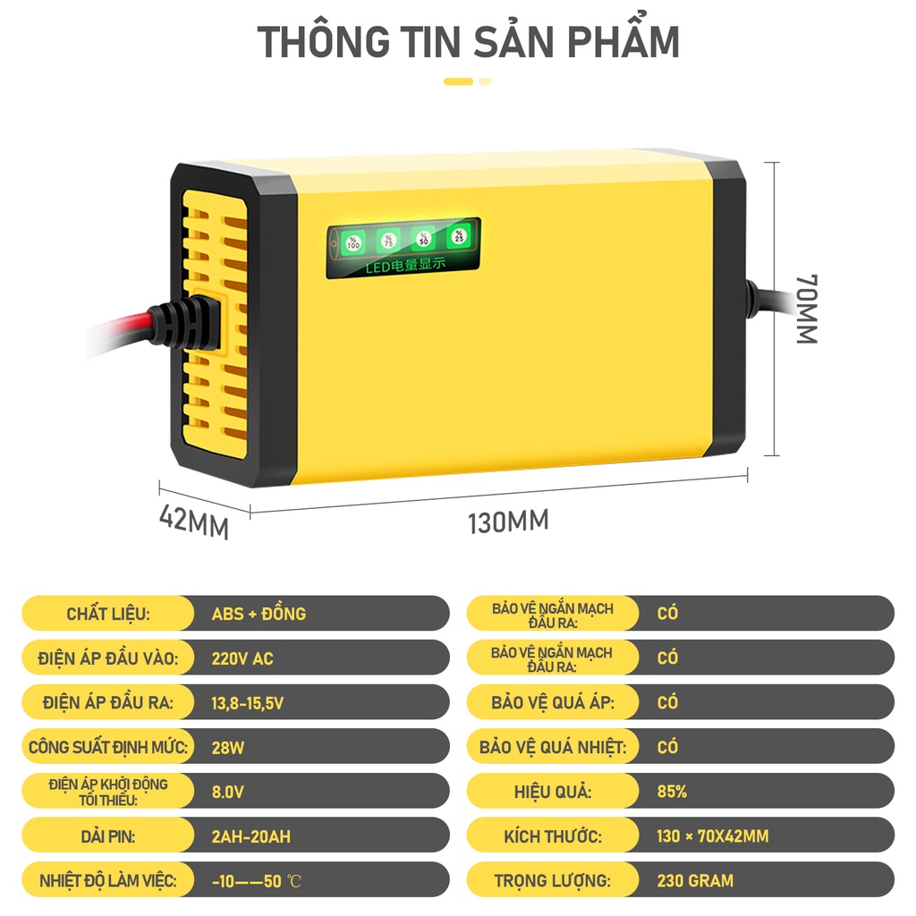 Bộ sạc bình ắc quy tự động ngắt sạc acquy xe máy, xe ô tô, có đèn led báo đầy