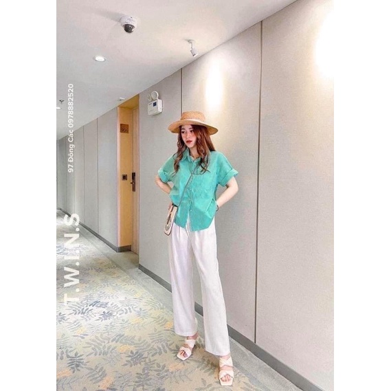 Áo sơ mi GU tay dơi gập gấu xanh mint
