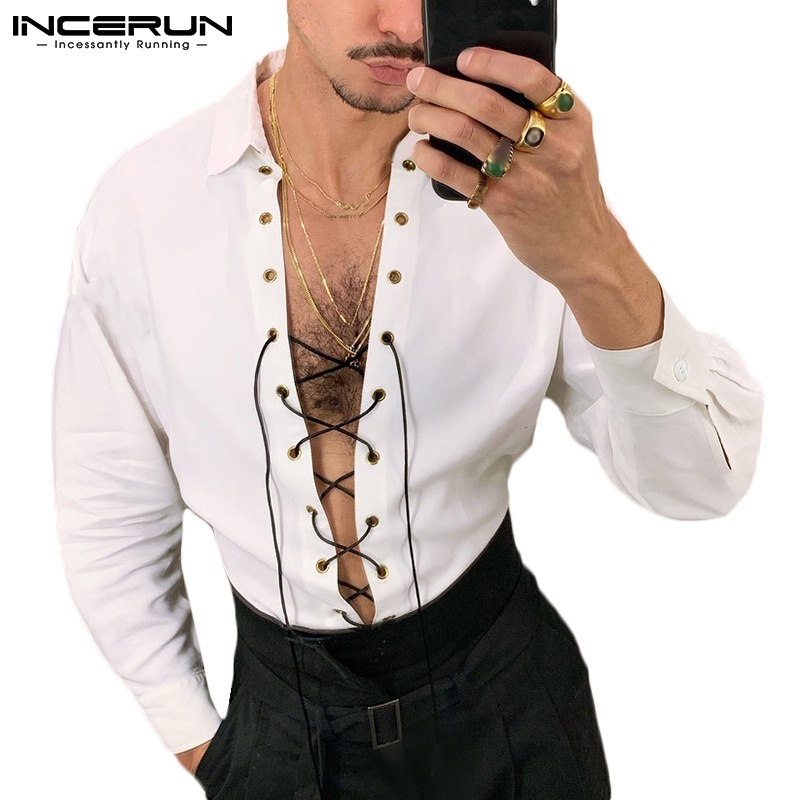Áo sơ mi INCERUN tay dài màu trắng cổ chữ V thời trang dành cho nam