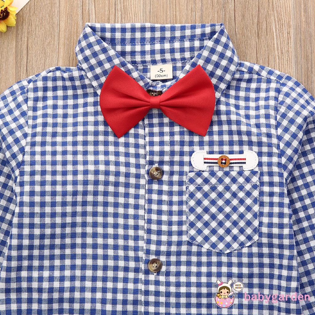 ღ♛ღ3PCS Baby Boys Outfit Bow+Plaid Tops+Pants Gentleman Clothes Set